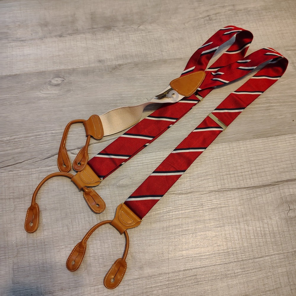 Trafalgar Mens Suspenders Red Navy White Striped Silk Leather Button End Braces